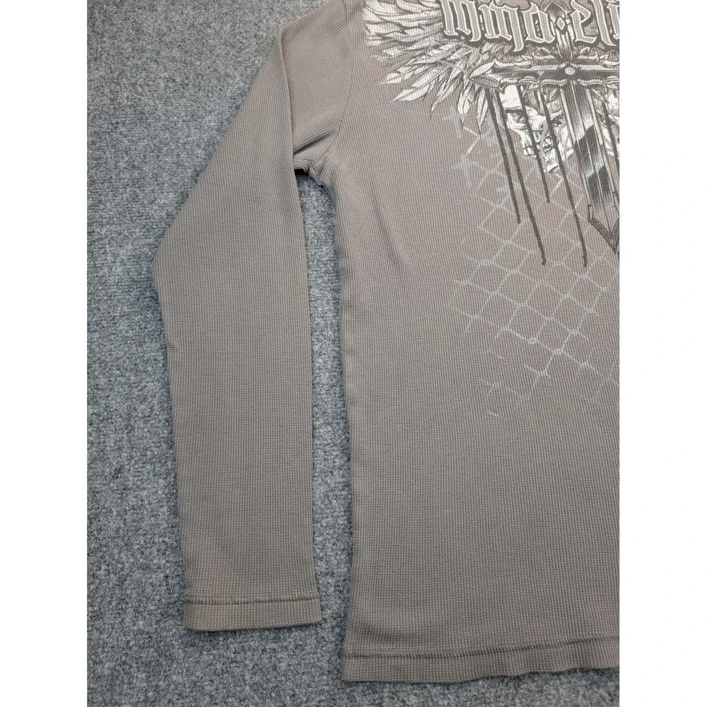 MMA Elite Shirt Mens 2XL Gray‎ Waffle Thermal Long Sleeve Skull Cross Graphic